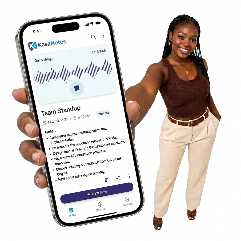 Smiling Ghanaian woman holding a phone showing the KasaNotes app recording a Team Standup meeting